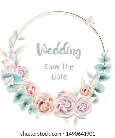 Rose flower round card Vector watercolor. Vintage retro style wedding invitation or greeting