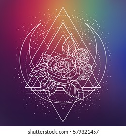 rose flower with sacred geometry frame. Tattoo, mystic symbol. Boho print, poster. textiles. white ink on hipster gradient background. Hand-drawn, retro card design. Isolated vector illustration.