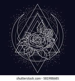 rose flower with sacred geometry frame. Tattoo, mystic symbol. Boho print, poster, t-shirt. textiles. Zen for anti stress book. Hand-drawn, retro card design. Isolated vector illustration.