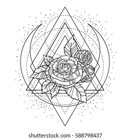 rose flower with sacred geometry frame. Tattoo, mystic symbol. Boho print, poster, t-shirt. textiles. Zen for anti stress book. Hand-drawn, retro card design. Isolated vector illustration.