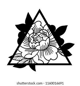 Rose flower with sacred geometry frame.Tattoo, mystic symbol. Boho print, poster, t-shirt. textiles. Vector illustration art. Vintage engraving. Vintage style. Traditional art tattoos. Blackwork.