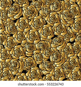 Rose flower seamless pattern. Gold roses on black background. Stock vector.