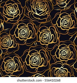 Rose flower seamless pattern. Gold roses on black background. Stock vector.

