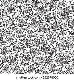 Rose flower seamless pattern. Outline black roses on white background. Stock vector.