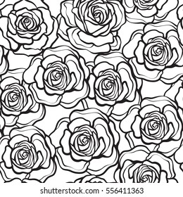 Rose flower seamless pattern. Outline black roses on white background. Stock vector.

