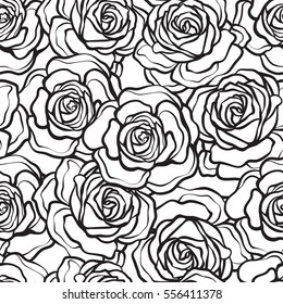 Rose flower seamless pattern. Outline black roses on white background. Stock vector.

