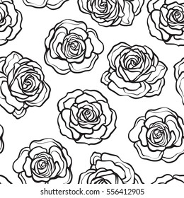 Rose flower seamless pattern. Outline black roses on white background. Stock vector.

