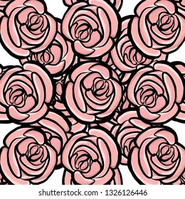 Rose flower seamless pattern. Pink roses on white background. Stock vector. Hand drawing a sketch of a rose