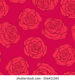 Rose flower seamless pattern. Red roses on red background. Stock vector.

