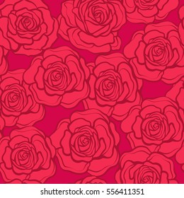 Rose flower seamless pattern. Red roses on red background. Stock vector.