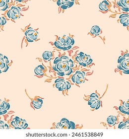 Patrón sin costura de la flor rosa. Rosas azules Antiguas. Flores y hojas. Fondo Floral. Hecho a mano. Dibujo a mano. No la IA. Ilustración vectorial.