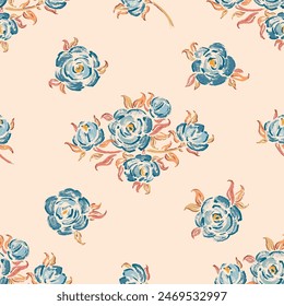 Rose Flower Seamless Pattern. Vintage Blue Roses. Floral Background. Hand drawing.  Vector illustration. Not AI.