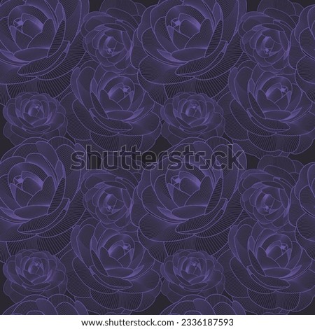 Rose Flower Seamless Pattern In Vintage Style, Vector Line Art Florals On Dark Background, Oriental Flora Banner Design, Textile, Wrapper, Cover