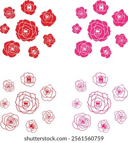 Rose flower set of blooming plant. Garden rose isolated icon of red, pink petal for romantic floral decoration, wedding bouquet and valentine greeting card flat and line vector collection.