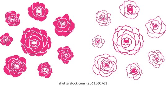 Rose flower set of blooming plant. Garden rose isolated icon of pink petal for romantic floral decoration, wedding bouquet and valentine greeting card flat and line vector collection.