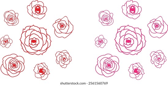 Rose flower set of blooming plant. Garden rose isolated icon of red, pink petal for romantic floral decoration, wedding bouquet and valentine greeting card flat and line vector collection.