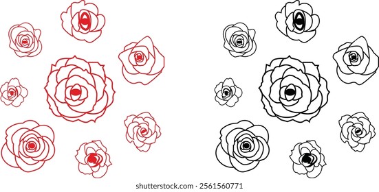 Rose flower set of blooming plant. Garden rose isolated icon of red and black petal for romantic floral decoration, wedding bouquet and valentine greeting card flat and line vector collection.