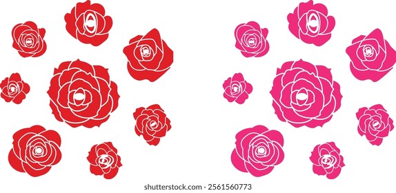 Rose flower set of blooming plant. Garden rose isolated icon of red, pink petal for romantic floral decoration, wedding bouquet and valentine greeting card flat and line vector collection.