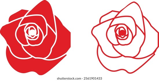 Rose flower set of blooming plant. Garden rose isolated icon of red petal for romantic floral decoration, wedding bouquet and valentine greeting card flat and line vector collection.