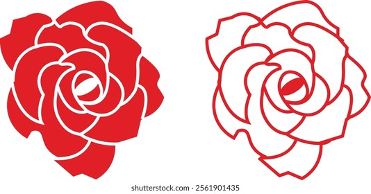 Rose flower set of blooming plant. Garden rose isolated icon of red petal for romantic floral decoration, wedding bouquet and valentine greeting card flat and line vector collection.