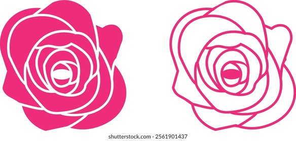 Rose flower set of blooming plant. Garden rose isolated icon of pink petal for romantic floral decoration, wedding bouquet and valentine greeting card flat and line vector collection.