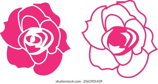 Rose flower set of blooming plant. Garden rose isolated icon of pink petal for romantic floral decoration, wedding bouquet and valentine greeting card flat and line vector collection.