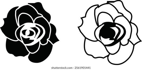 Rose flower set of blooming plant. Garden rose isolated icon of black petal for romantic floral decoration, wedding bouquet and valentine greeting card flat and line vector collection.