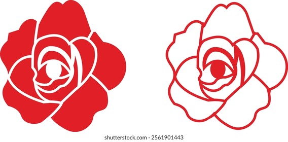 Rose flower set of blooming plant. Garden rose isolated icon of red petal for romantic floral decoration, wedding bouquet and valentine greeting card flat and line vector collection.
