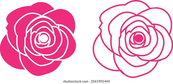 Rose flower set of blooming plant. Garden rose isolated icon of pink petal for romantic floral decoration, wedding bouquet and valentine greeting card flat and line vector collection.