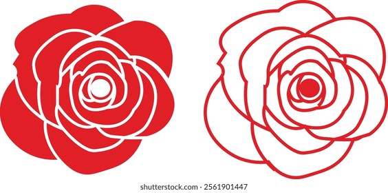 Rose flower set of blooming plant. Garden rose isolated icon of red petal for romantic floral decoration, wedding bouquet and valentine greeting card flat and line vector collection.
