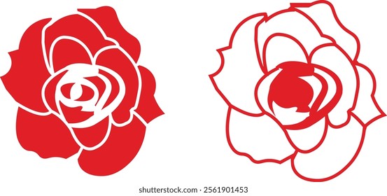 Rose flower set of blooming plant. Garden rose isolated icon of red petal for romantic floral decoration, wedding bouquet and valentine greeting card flat and line vector collection.