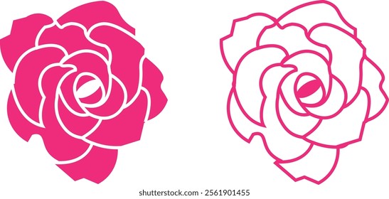 Rose flower set of blooming plant. Garden rose isolated icon of pink petal for romantic floral decoration, wedding bouquet and valentine greeting card flat and line vector collection.