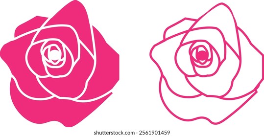 Rose flower set of blooming plant. Garden rose isolated icon of pink petal for romantic floral decoration, wedding bouquet and valentine greeting card flat and line vector collection.