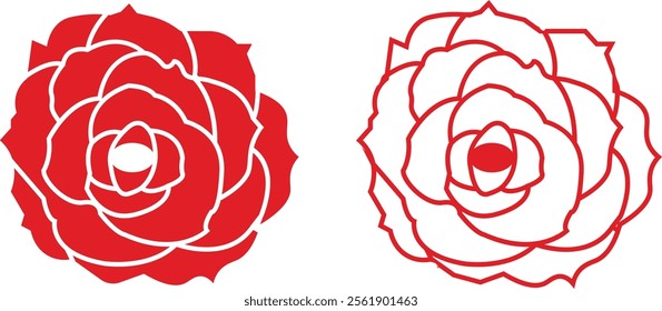 Rose flower set of blooming plant. Garden rose isolated icon of red petal for romantic floral decoration, wedding bouquet and valentine greeting card flat and line vector collection.