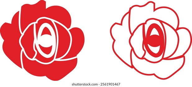 Rose flower set of blooming plant. Garden rose isolated icon of red petal for romantic floral decoration, wedding bouquet and valentine greeting card flat and line vector collection.