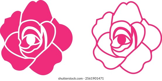 Rose flower set of blooming plant. Garden rose isolated icon of pink petal for romantic floral decoration, wedding bouquet and valentine greeting card flat and line vector collection.