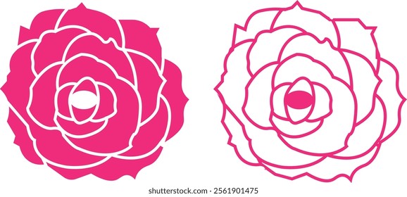 Rose flower set of blooming plant. Garden rose isolated icon of pink petal for romantic floral decoration, wedding bouquet and valentine greeting card flat and line vector collection.