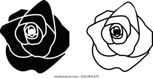 Rose flower set of blooming plant. Garden rose isolated icon of black petal for romantic floral decoration, wedding bouquet and valentine greeting card flat and line vector collection.