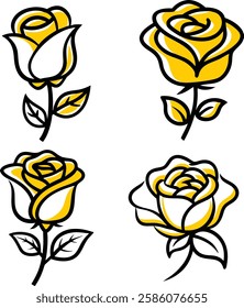 Rose flower set silhouette vector line art white background