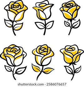 Rose flower set silhouette vector line art white background