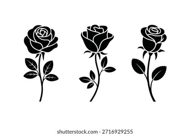 Conjunto de silueta de flor de rosa, Ilustración vectorial negra floral elegante, Colección de diseño botánico, aislado sobre fondo blanco.