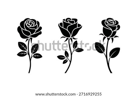 Rose Flower Silhouette Set, Elegant Floral Black Vector Illustration, Botanical Design Collection, Isolated on White Background.
