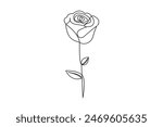 Rose flower single line art, continuous one line drawing of  Isolated outline vector art black white background 