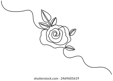 Rose flower single line art, continuous one line drawing of  Isolated outline vector art black white background 