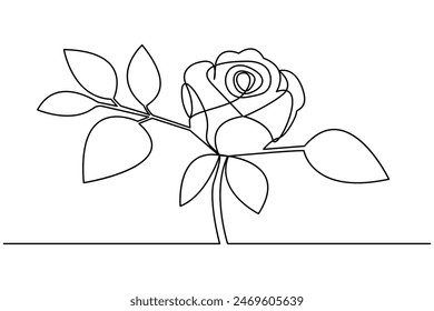 Rose flower single line art, continuous one line drawing of  Isolated outline vector art black white background 