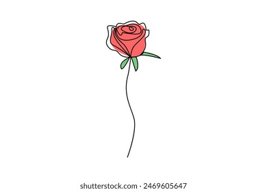 Rose flower single line art, continuous one line drawing of  Isolated outline vector art black white background 