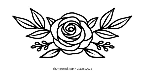 Rose flower single, line design element, black white, vector illustration svg