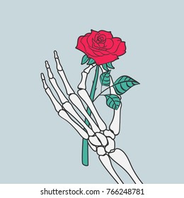 Rose flower in skeleton hand. Vector illustration.