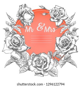 Rose flower sketch in engraving style and red heart on white.Vintage vector illustration valentines day card. Love background. Typography design. Lettering text Mr and Mrs