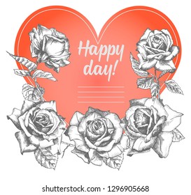 Rose flower sketch in engraving style and red heart on white.Vintage vector illustration valentines day card. Love background. Typography design. Lettering text Happy day